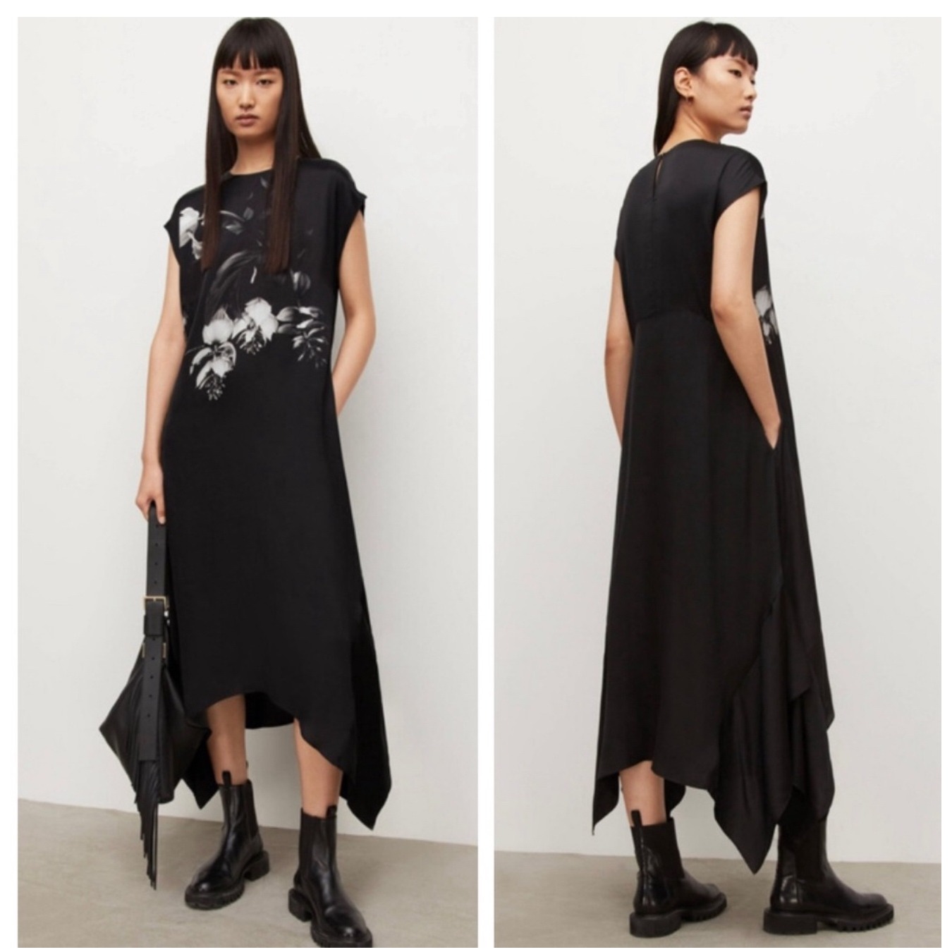 Nwt All Saints Gian Kosumoso Dress Black Floral Sz 0 $329